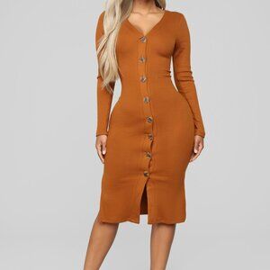 Fashion Nova Long Sleeve Rust Midi Dress